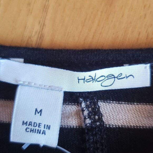 🔺️Halogen Black & Tan Striped Linen Blend Short Sleeve Top Medium - Picture 6 of 8